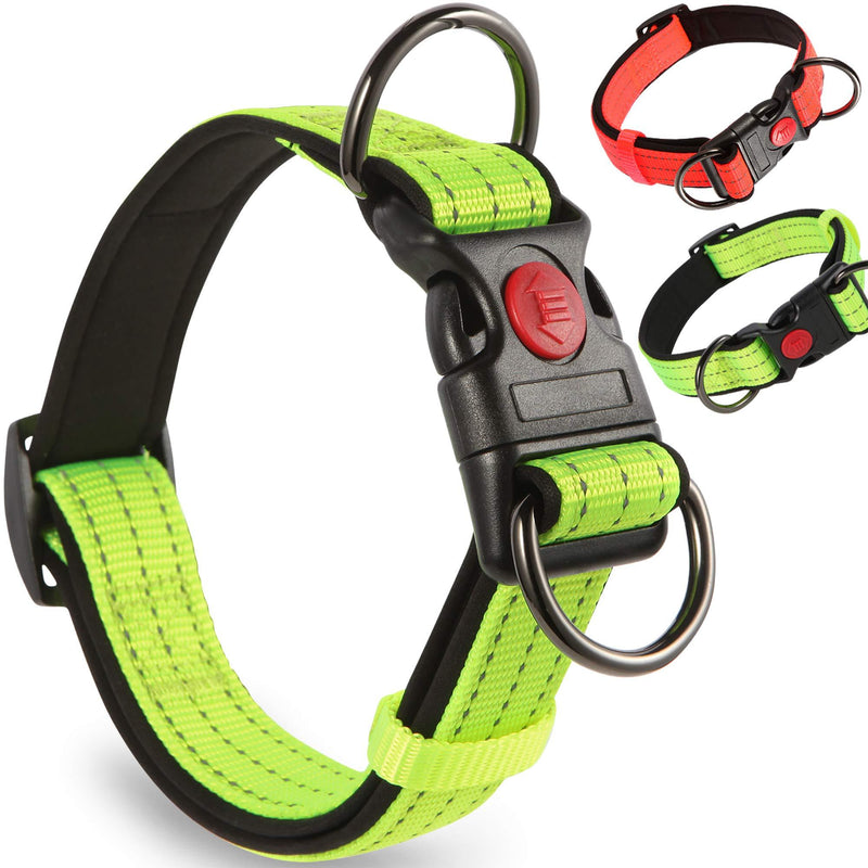 Reflective Dog Collar with Safety Locking Buckle，Heavy Duty Adjustable Thick Collar for Medium Large Dogs-Premium Nylon and Soft Padded (M, 11.8-15.7'') Medium/11.8-15.7'' Bright Green - PawsPlanet Australia