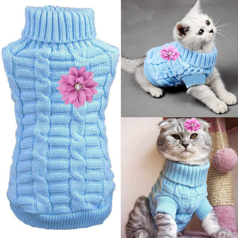 Aillion Cat Dog Sweater for Cats and Small Dogs, Warm Soft Cat Dog Turtleneck Braid Plait Knitwear with Fabric Flower Clip Decor XS Blue - PawsPlanet Australia