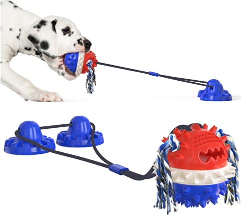 Dog Chew Toy, 2021 Upgraded Durable Natural Rubber Dog Ball Tug of War, Dog Rope Toys with Suction Cup for All Aggressive Chewers Small/Medium/Large Dogs Puppy (American Blue) American Blue - PawsPlanet Australia