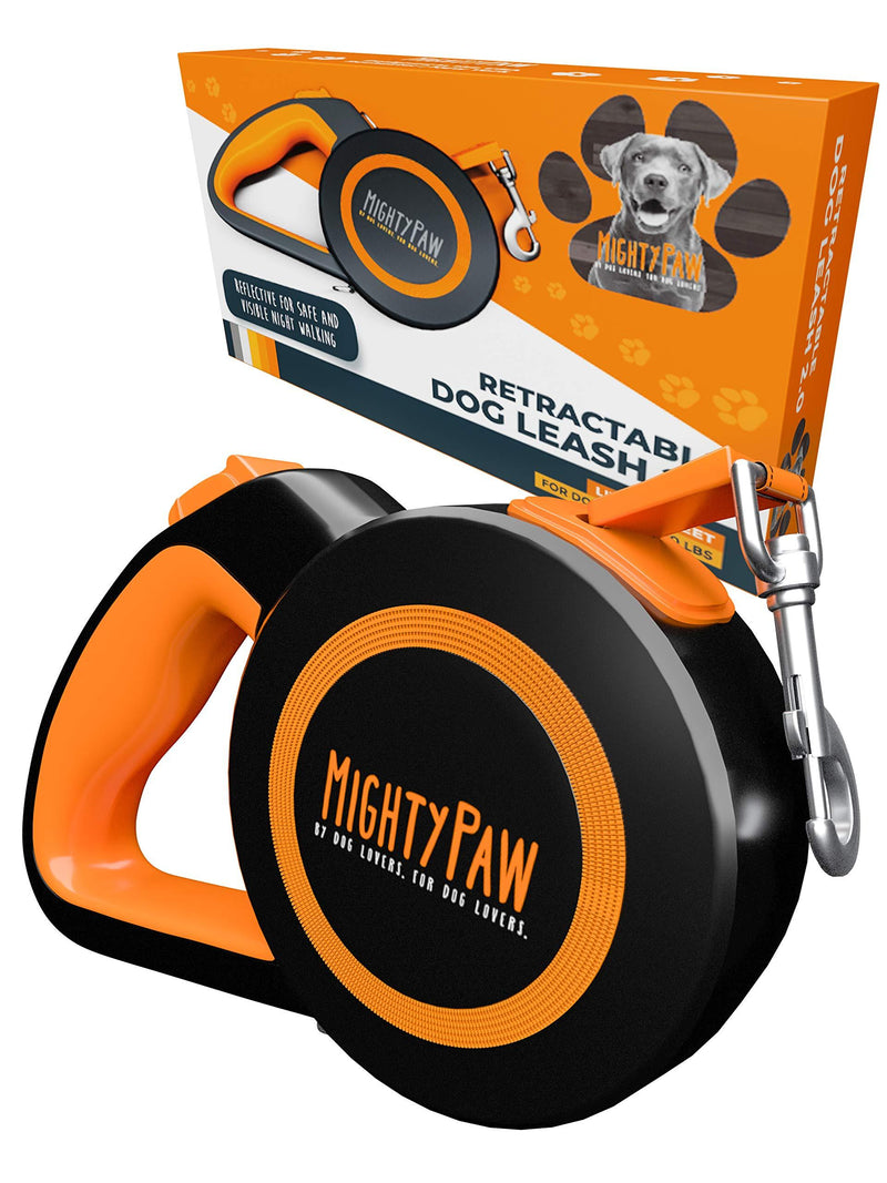 Mighty Paw Retractable Dog Leash 2.0 | 16’ Heavy Duty Reflective Nylon Tape Lead for Pets Up to 50 lbs. Tangle Free Design W/ One Touch Quick-Lock Braking System & Anti-Slip Handle. (Orange/Lite) Lite Orange - PawsPlanet Australia