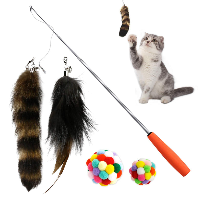 Flying Childhood Cat Wand Toys for Indoor Cats, Interactive Cat Kitten Feather Mice Toy, Set of 1 Cat Teaser, 2 Replacements Bundle with 2 Balls with Bells, 5 Pack - PawsPlanet Australia