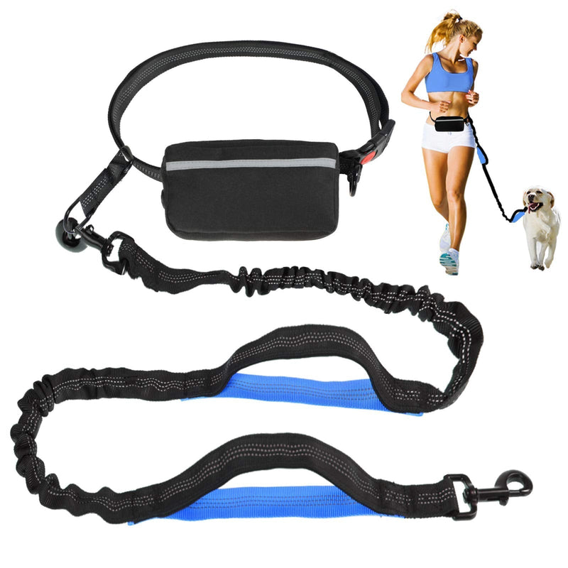 Hands Free Dog Leash, Suitable for Running Walking Jogging Hiking, Training for Small Medium and Large Dogs, Adjustable Waist Belt, Dual-Handle Reflective Bungee, Zipper Pouch, Shock Absorption. Black W Blue - PawsPlanet Australia