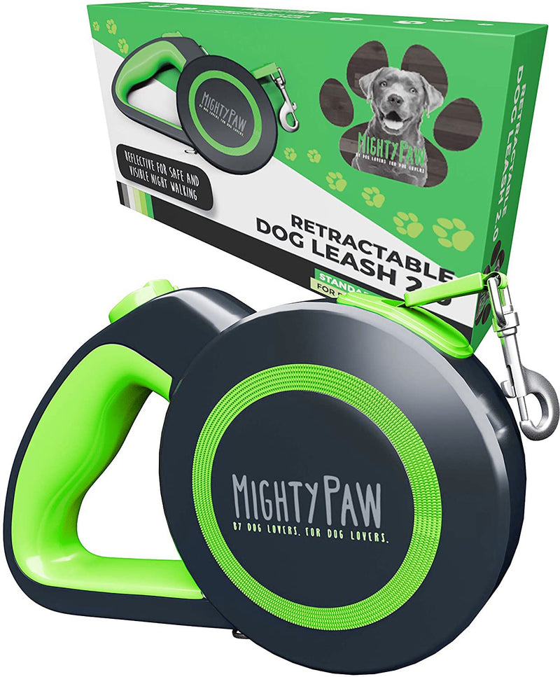 Mighty Paw Retractable Dog Leash 2.0 | 16’ Heavy Duty Reflective Nylon Tape Lead for Pets Up to 50 LBS. Tangle Free Design W/ One Touch Quick-Lock Braking System & Anti-Slip Handle. (Green/Lite) Lite Green - PawsPlanet Australia