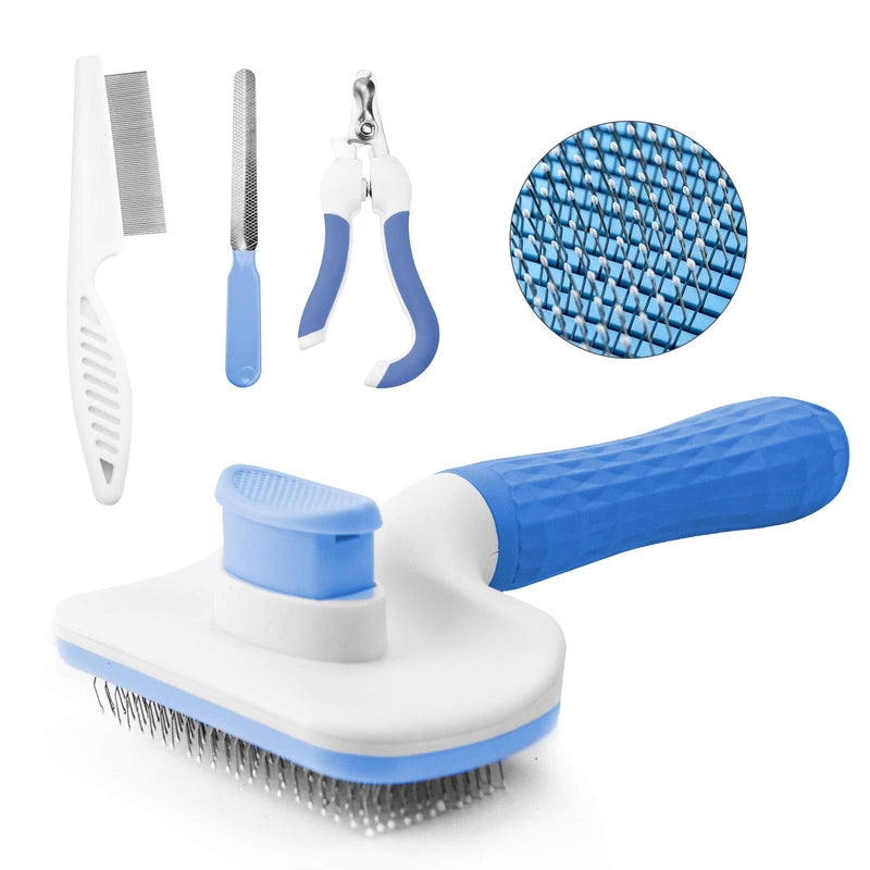 Cat Hair Brush Set, Soft Encryption Grooming Shedding Massage Brush for Cat and Dog with One Click Hair Removal Function, Including Cat Nail Clippers, Files, Hair Combs Set (Blue) Blue - PawsPlanet Australia