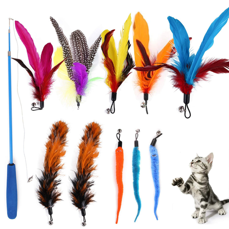 Eguoer [ 11PCS ] Retractable Cat Feather Toy Set, 1PCS Retractable Cat Wand Toys and 10PCS Replacement Teaser with Bell Refills, Cat Toys for Indoor Cats - PawsPlanet Australia