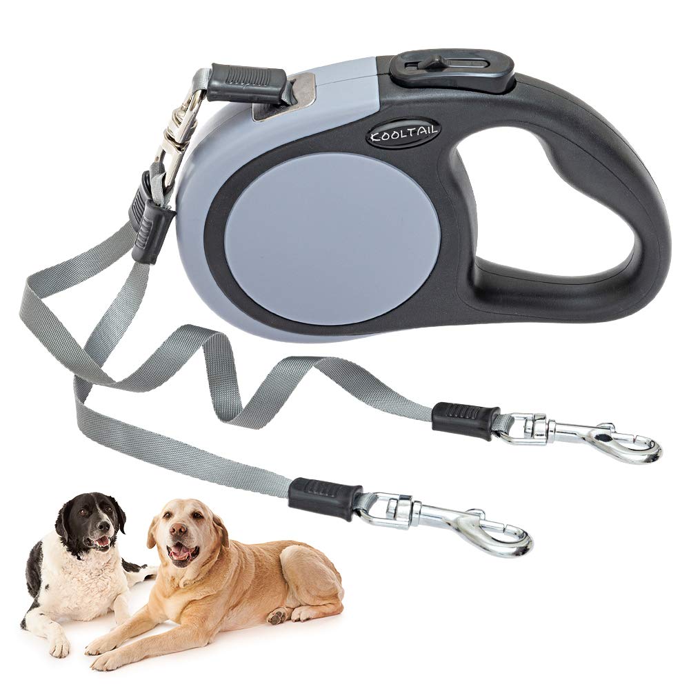 Dual Retractable Dog Leash - Walk 2 Dogs up to 110 lbs - Heavy Duty Double Headed 16 ft Extendable Dog Leash for Small Medium Dogs Walking Training Grey - PawsPlanet Australia