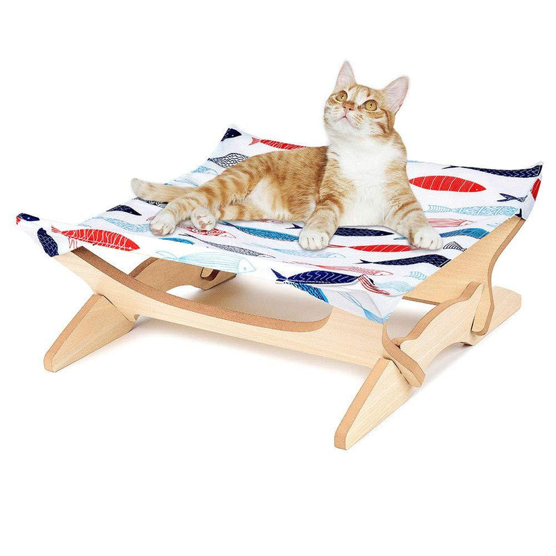 Cat Hammock Bed, Durable Wooden Frame Hanging Beds for Kitten and Puppy, Detachable Pet Supplies Toys Nest Cats Chair, Portable Pet House for Indoor Cats Fish Print - PawsPlanet Australia
