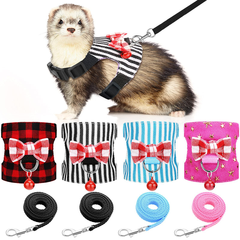 4 Pieces Small Pet Harness Vest and Leash Set with Cute Bowknot and Safe Bell Decor Chest Strap Harness for Outdoor Walking Rabbit Ferret Guinea Pig Bunny Hamster Puppy Kitten (Medium) Medium - PawsPlanet Australia