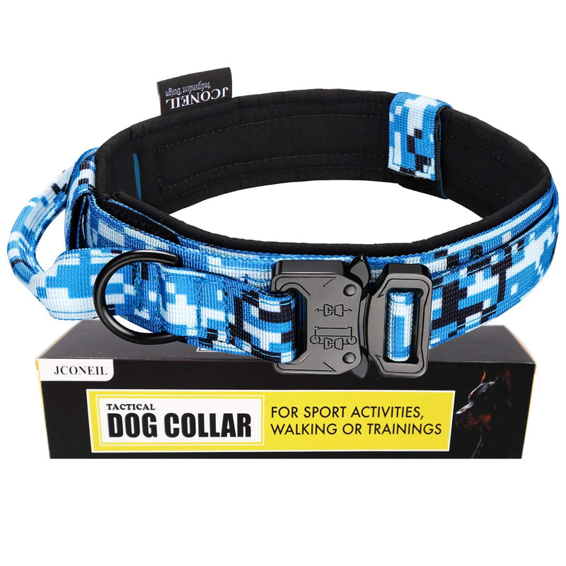 JCONEIL Tactical Dog Collar – Military K9 Dog Collar – Nylon Adjustable Dog Collar with Handle and Heavy Metal Buckle – Training and Service Dog Collar for Medium and Large Dogs M Size-Adjustable (14.96"~18.5") Blue Camo - PawsPlanet Australia