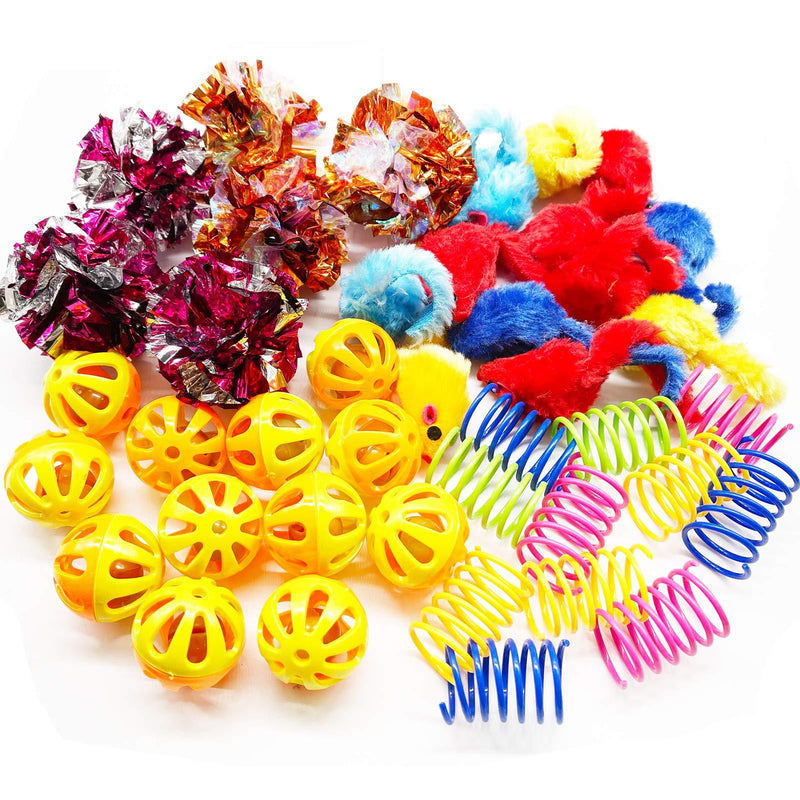 Fayoo Furry and Rattle Mice Small Mouse (12PCS) Mylar Crinkle Balls (6PCS) Jingle Balls with Bell (12PCS) Bouncy Springs Cat Toys (12PCS) Assorted Color - PawsPlanet Australia