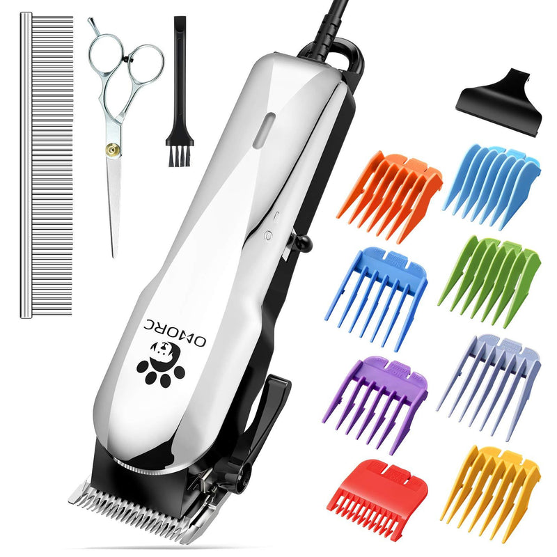 OMORC Dog Clippers with 24V Powerful Motor, Plug-in & Quiet Professional Dog Grooming Kit, Dog Hair Trimmer with 8 Comb Guides, Pet Grooming Clippers for Thick Coats Dogs Cats Horse & Others Silver - PawsPlanet Australia