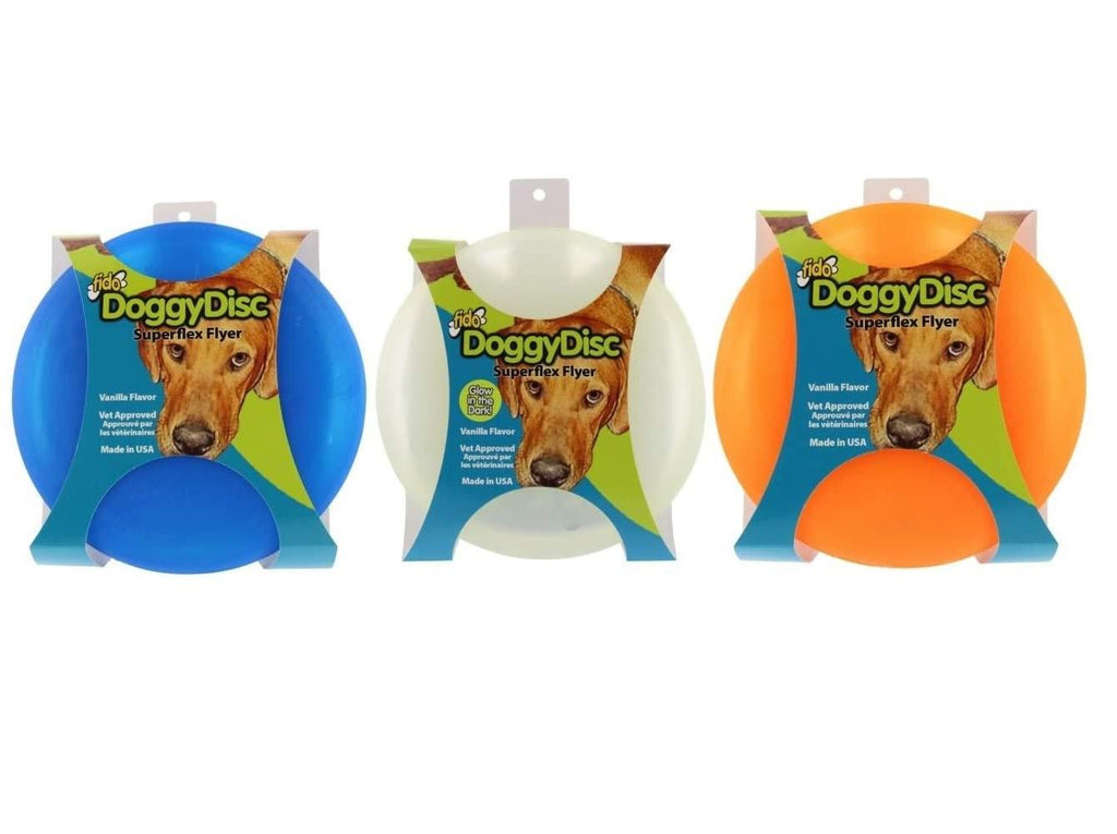 Fido 3 Pack of DoggyDisc Superflex Flyer Dog Toys, 6.5 Inch, Vanilla Flavored, Assorted Colors - PawsPlanet Australia