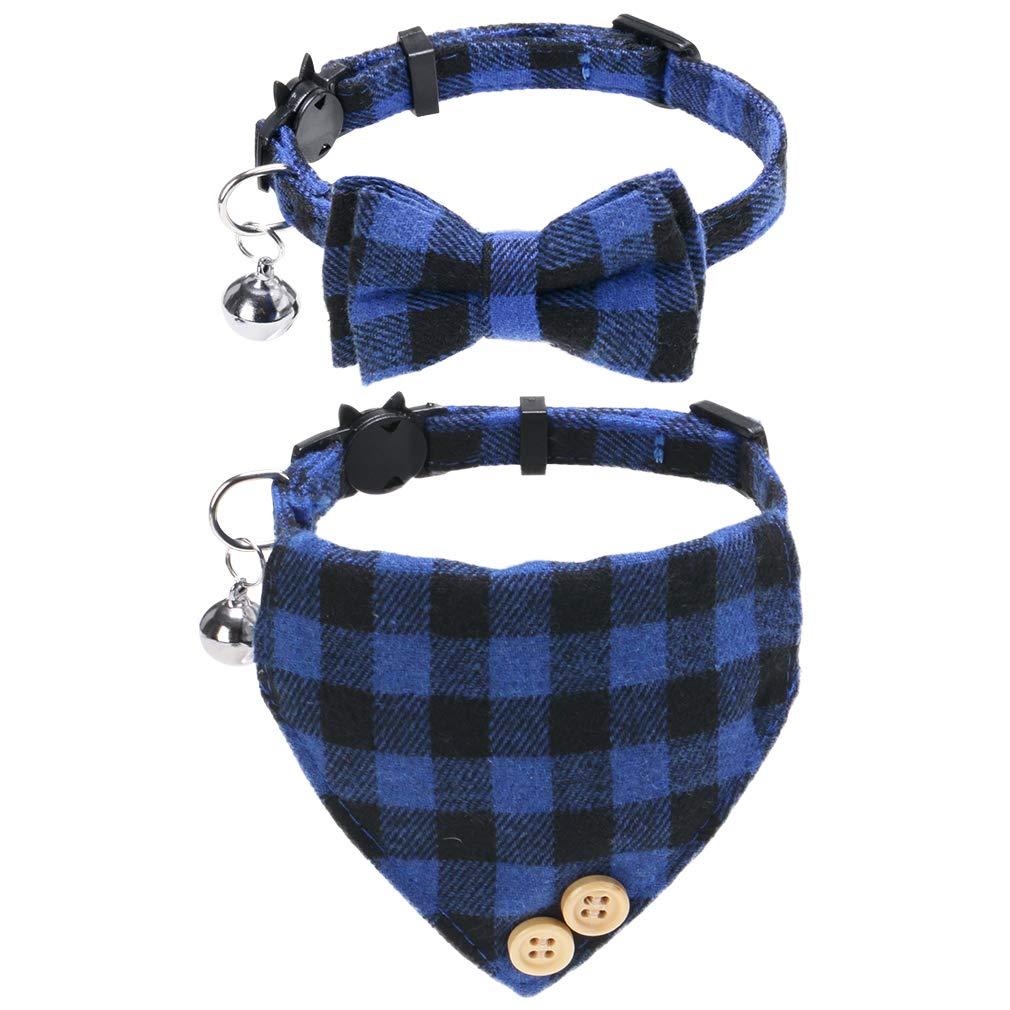 Bow Tie Cat Collar Bandana - 2 Packs Classic Plaid Checked Ginham Cat Collars with Scarf and Bow Tie - Adjustable Size with Bell - Perfect for Cats Puppy Small Dogs Bule Plaid 2 - PawsPlanet Australia