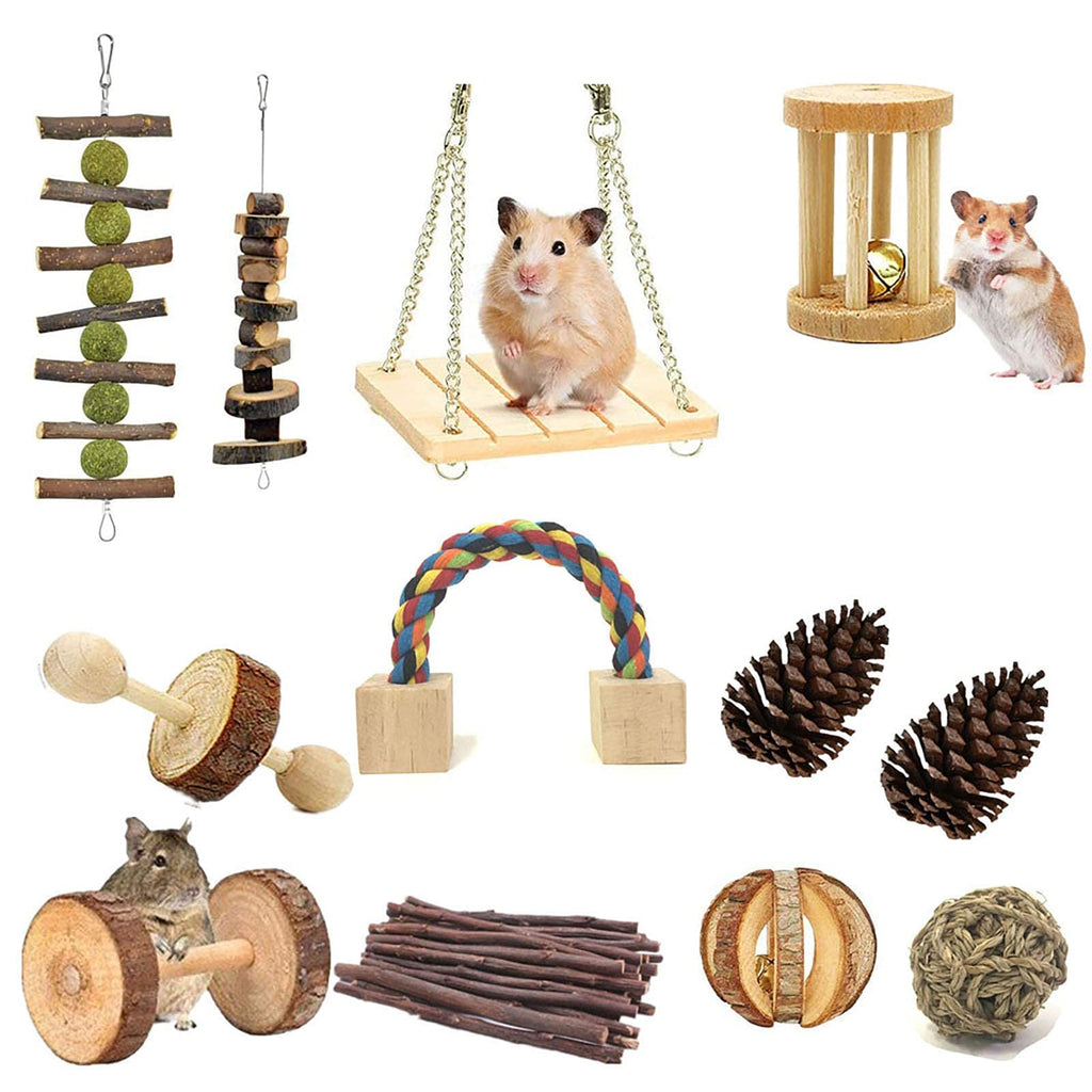 Hamster Chew Toys Gerbil Rabbit Chew Toys Accessories 12-Piece Set, Natural Wooden Dumbbell Sports Bell Roller Dental Care Tooth Care Molar Toys Guinea Pig Chinchilla Gerbil Hamster - PawsPlanet Australia