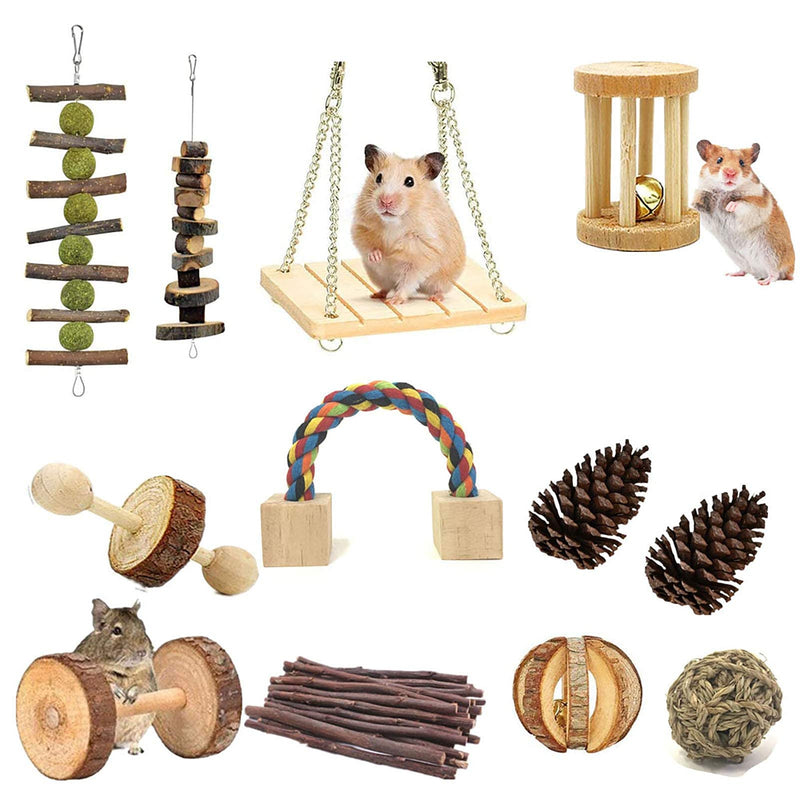 Hamster Chew Toys Gerbil Rabbit Chew Toys Accessories 12-Piece Set, Natural Wooden Dumbbell Sports Bell Roller Dental Care Tooth Care Molar Toys Guinea Pig Chinchilla Gerbil Hamster - PawsPlanet Australia