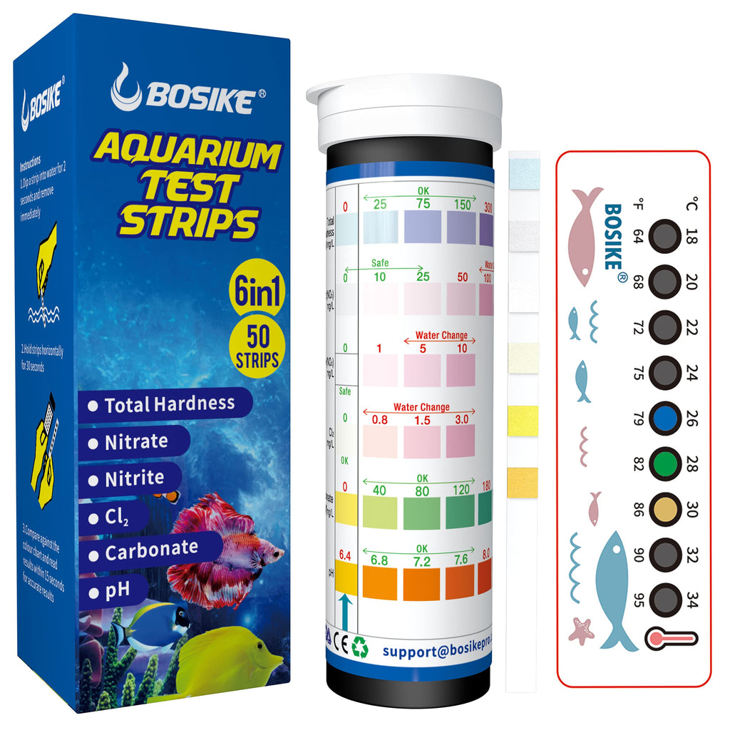 BOSIKE Aquarium Test Strips with Thermometer, 6 in 1 Fish Tank Test Strips Freshwater Saltwater Pond Test kit for Testing Cl2 pH NO2 NO3 GH KH,Temperature Professional Fast Testing 50PCS - PawsPlanet Australia