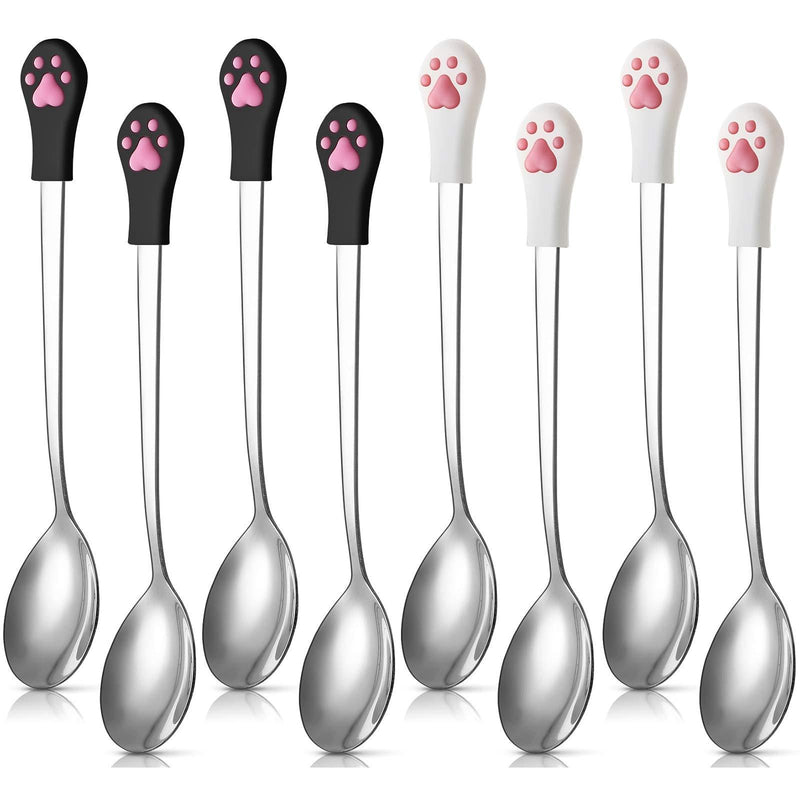 8 Pieces Pet Can Food Spoon Dog Cat Spoon Stainless Steel and Silicone Food Canned Scoop Cute Cat Claw Spoon for Dog and Cat Can Food, White and Black - PawsPlanet Australia