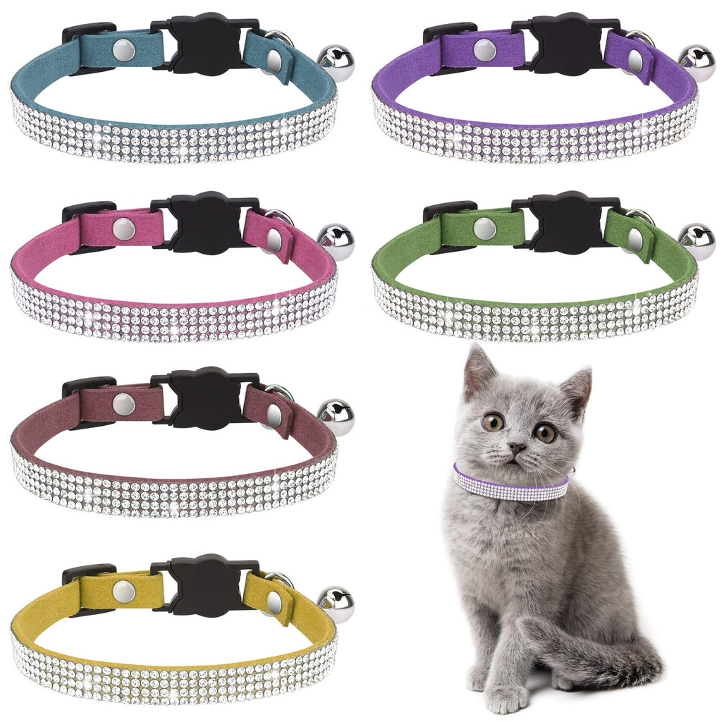 Ruisita 6 Pieces Rhinestones Cat Collars Adjustable Bling Pet Collars Cat Collar Breakaway with Bells Soft Velvet Collar Adjustable Safety Cat Collar with Bell for Cats and Small Dogs Brown, Light Blue, Pink, Green, Purple, Yellow - PawsPlanet Australia