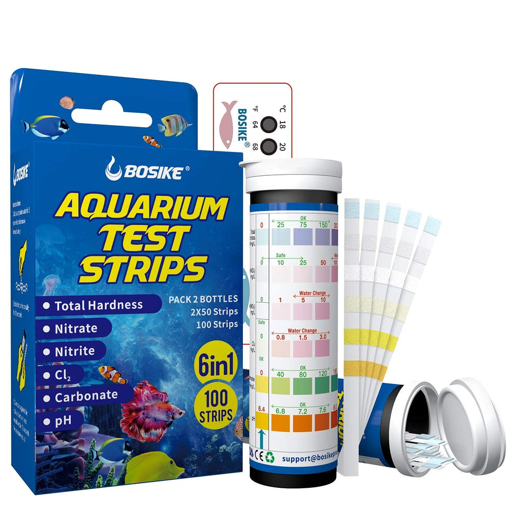 BOSIKE Aquarium Test Strips with Thermometer, 6 in 1 Fish Tank Test Strips Freshwater Saltwater Pond Test kit for Testing Cl2 pH NO2 NO3 GH KH,Temperature Professional Fast Testing 100PCS - PawsPlanet Australia