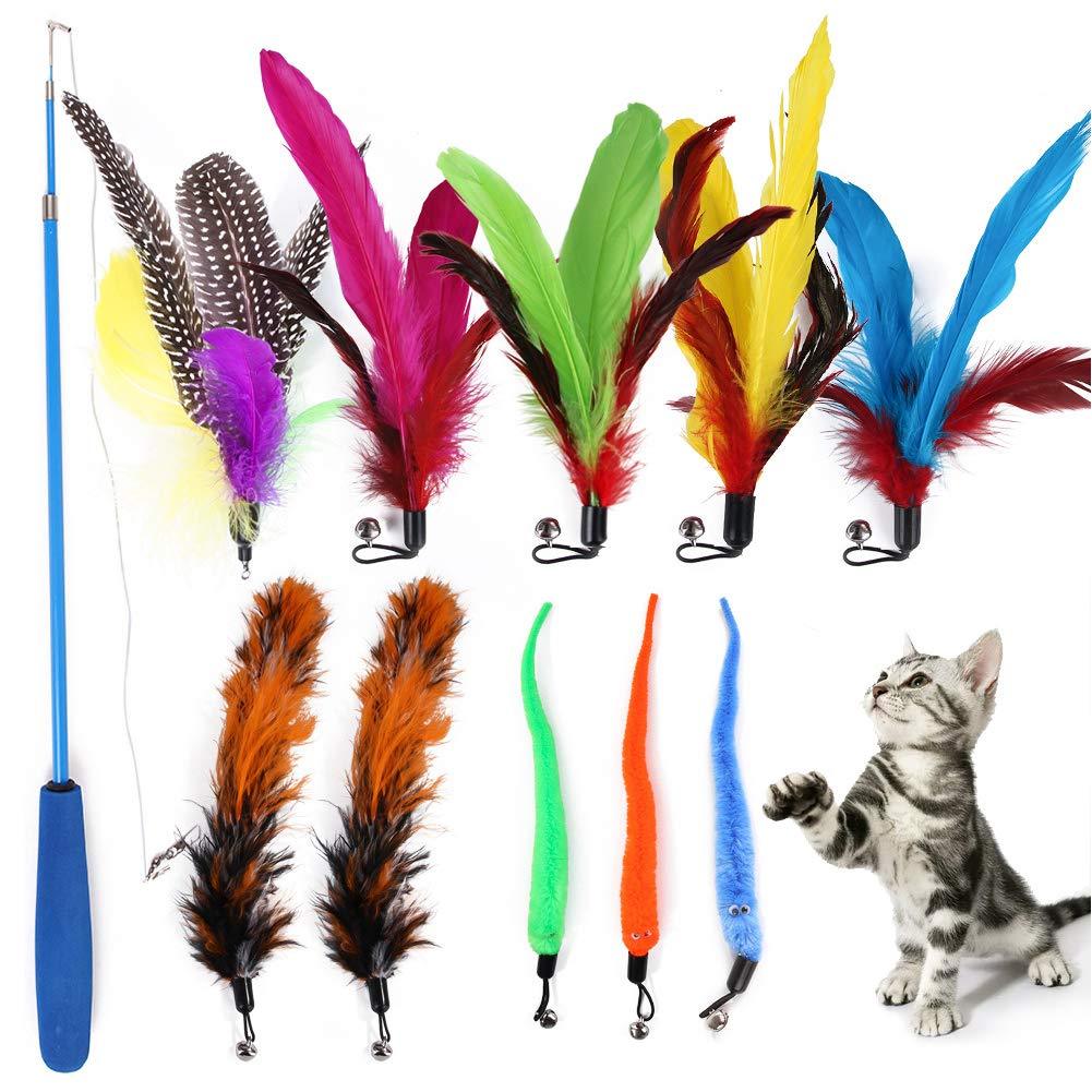 ZYHOOOE Interactive Cat Feather Toy,Retractable Cat Toys Wand with 10pcs Refills,Cat Feather Fishing Pole Toys Funny Exercise for Indoor Cat and Kitten - PawsPlanet Australia