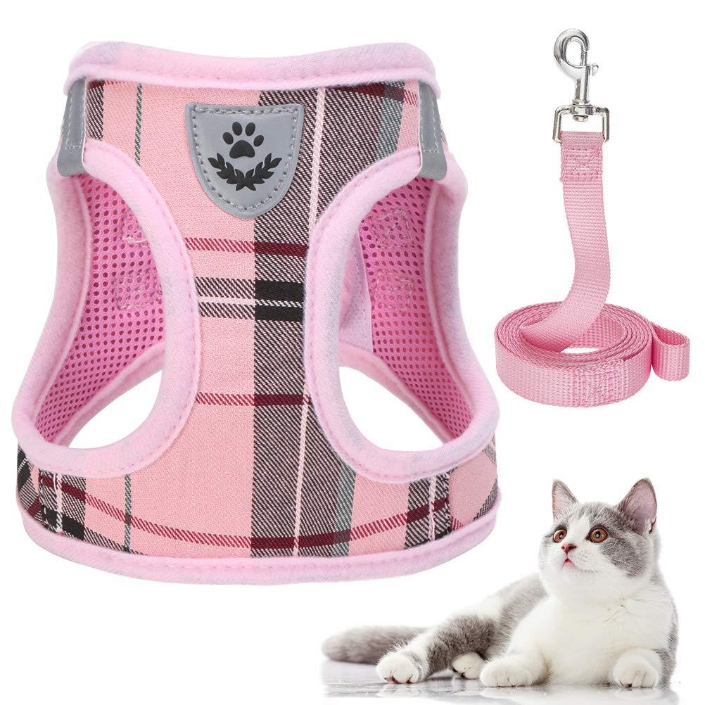 PUPTECK Escape Proof Cat Harness and Leash Set for Medium and Large Kitten Kitties with Classic Plaid Pattern, Breathable and Soft for Outdoor Walking Adjustable Chest Strap, Pink M: Chest: 13-15" - PawsPlanet Australia