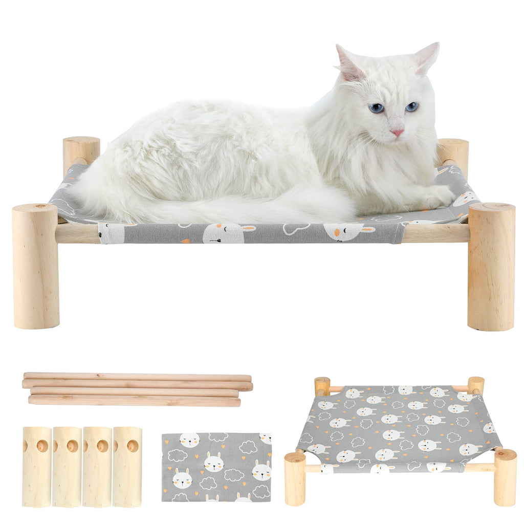 Wooden cat Hammock Elevated Bed Portable pet Crib, Solid Wood Removable and Washable All Seasons, for Cats and Puppies | Easy to Assemble (White Rabbit on Gray) White rabbit on gray - PawsPlanet Australia