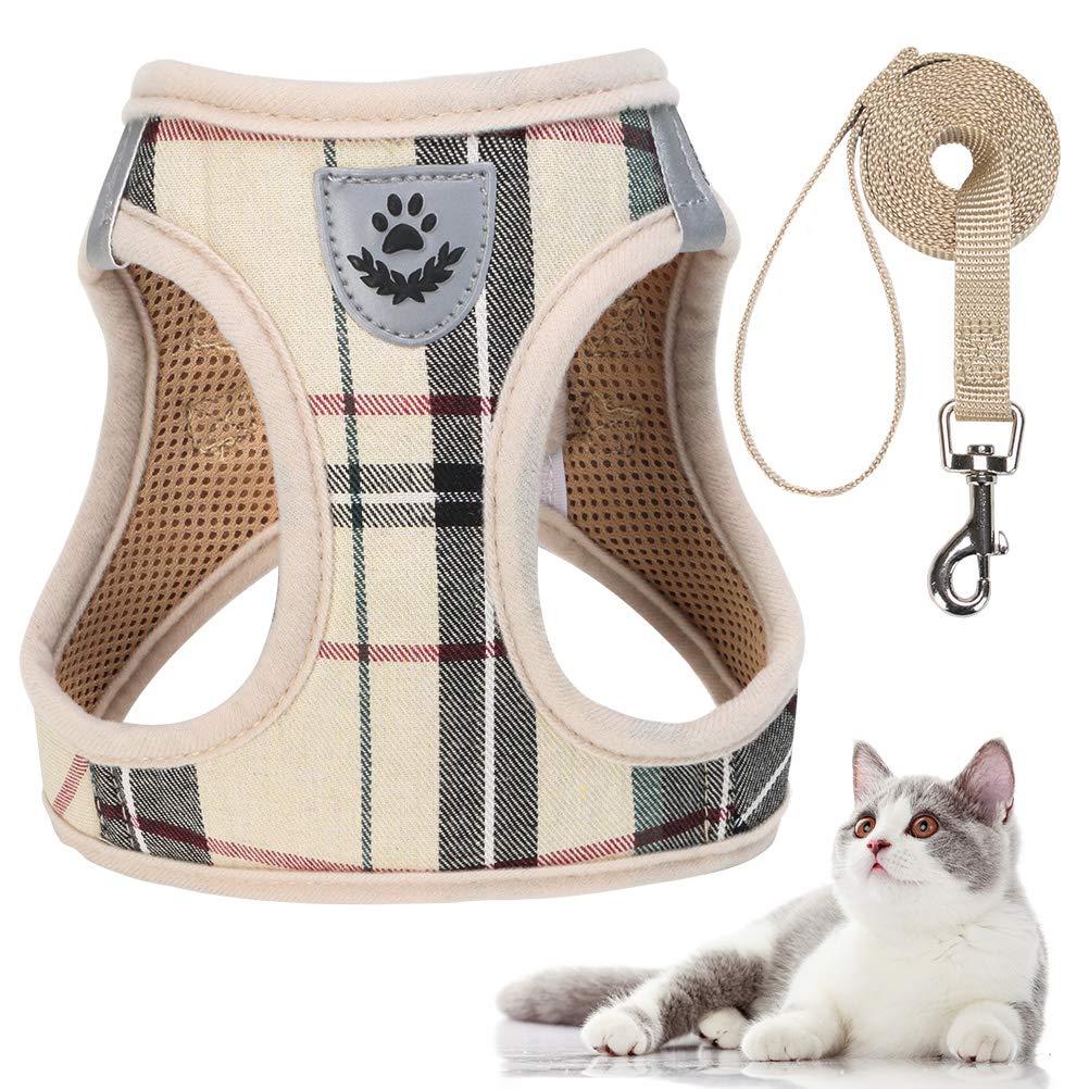 PUPTECK Escape Proof Cat Harness and Leash Set for Medium and Large Kitten Kitties with Classic Plaid Pattern, Breathable and Soft for Outdoor Walking Adjustable Chest Strap, Beige M: Chest: 13-15" - PawsPlanet Australia