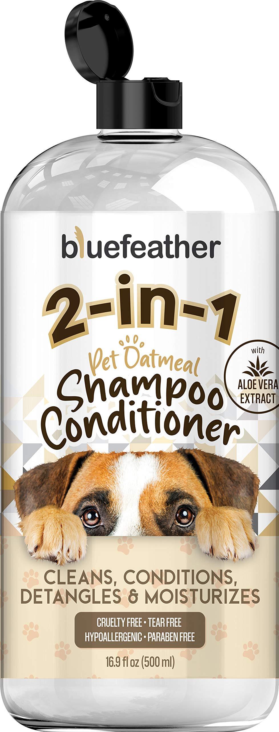 bluefeather Oatmeal Pet Shampoo and Conditioner 2 in1 with Aloe Vera – Dog Shampoo and Conditioner for Pets Dry, Itchy Skin – Bath Soap 2 in1 for Dogs, Puppies, Cats and Kittens - 16.9 Fl Oz - PawsPlanet Australia