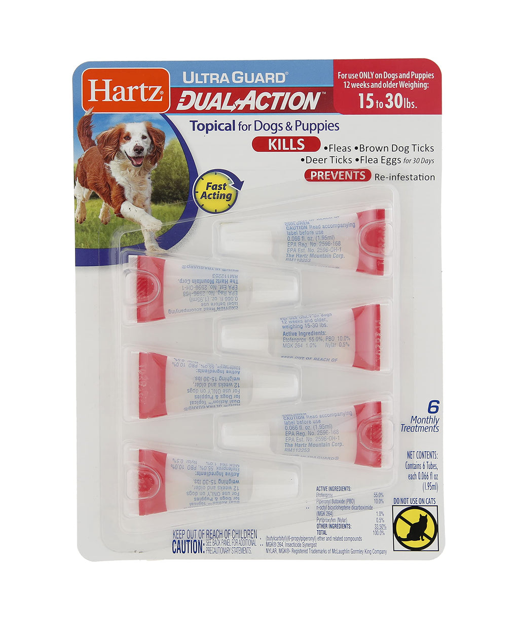 Hartz UltraGuard Dual Action Flea & Tick Topical Dog Treatment and Flea and Tick Prevention, 6 Monthly Treatments, 15-30 Pound Dogs - PawsPlanet Australia