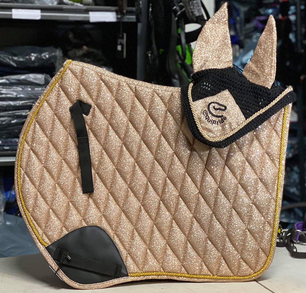 Equipride GP SADDLE PAD SHIMMER WITH MATCHING FLY VEIL SPARKLE GLITTER FABRIC GOLD (Pony) Pony - PawsPlanet Australia