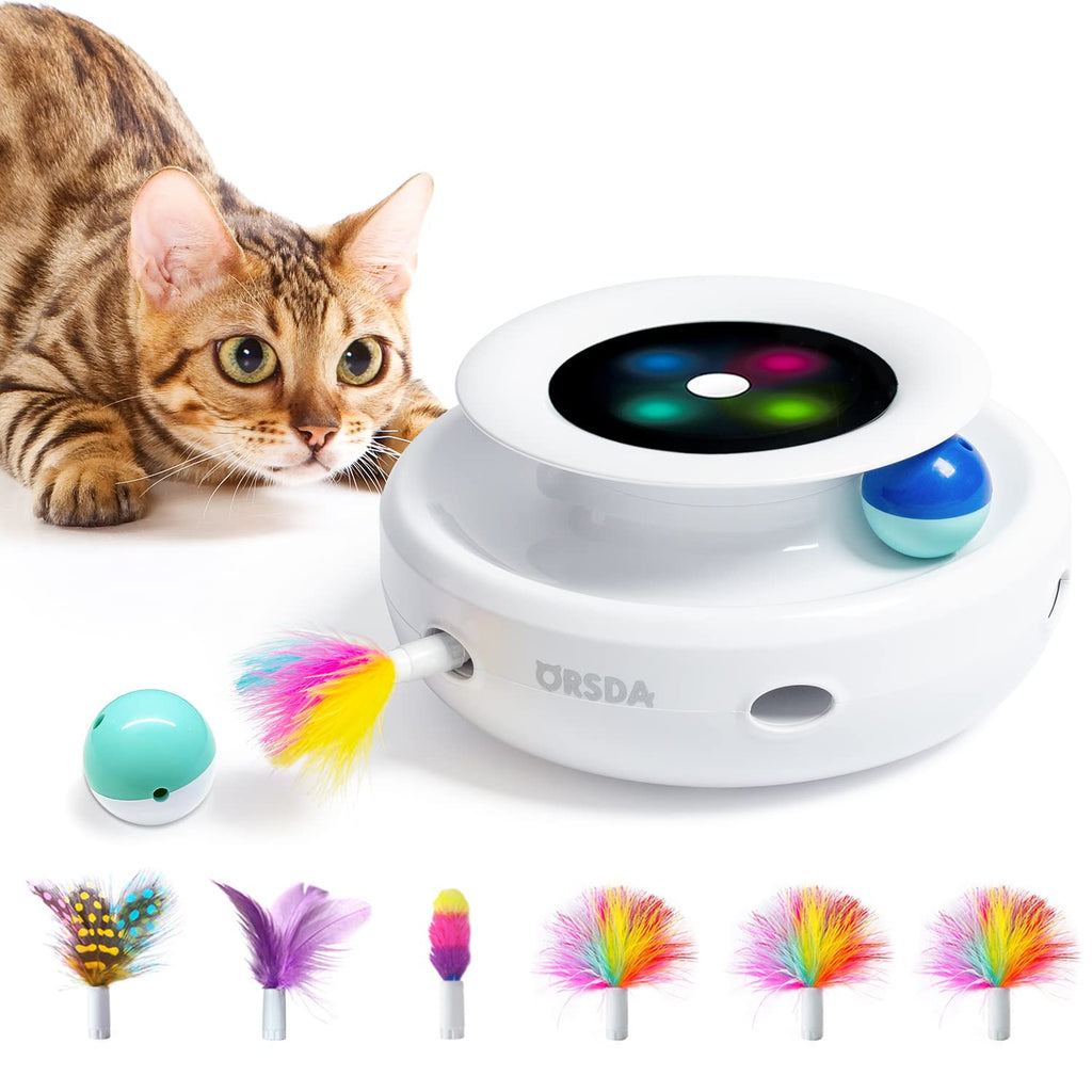 Cat Toys ORSDA 2-in-1 Interactive Cat Toys for Indoor Cats, Cat Balls, Cat Mice Toy, Cat Entertainment Toys with 6pcs Feathers, Dual Power Supplies, Auto On/Off Bright White - PawsPlanet Australia