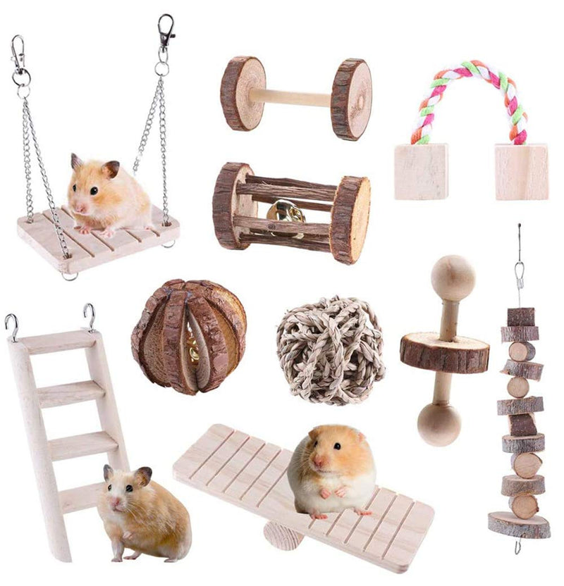 Nynelly Hamster Toys,10 Pack Natural Wooden Hamster Chew Toys Set and Accessories with Dumbbells Bell Roller Seesaw for Guinea Pig Chinchilla Parrot Rat Bunny to Playing and Teeth Care Molar Toy - PawsPlanet Australia