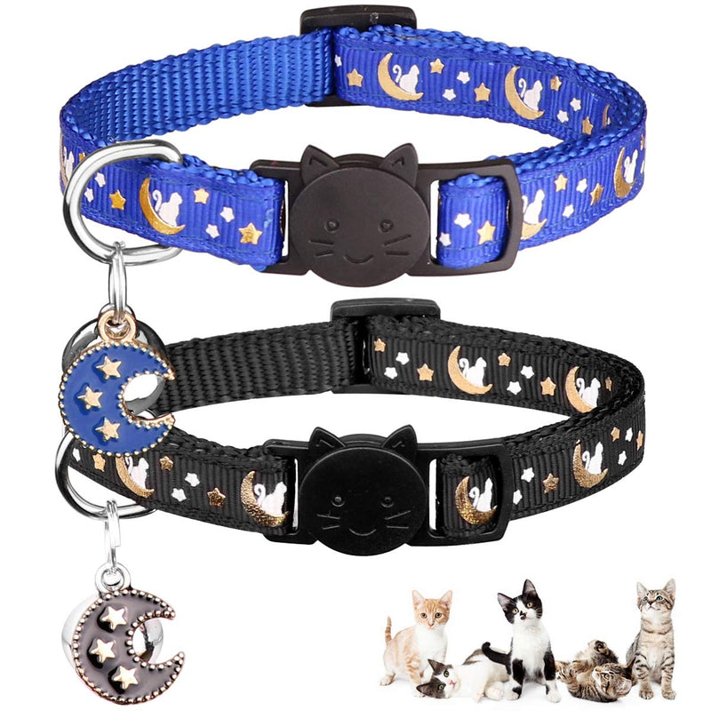 2PCS Breakaway Cats Collars with Bell Moons Stars Adjustable Kitten Collars with Pendant Glow in The Dark Black+Blue - PawsPlanet Australia