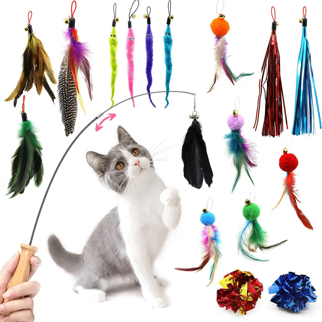 Feather Teaser Cat Toy, Retractable Cat Wand Toy Set 18pcs Assorted Teaser Refills with Bell, Including Bird Feather, Squiggly Worm, Crinkle Balls for Indoor Kitty Interactive Teather Fishing Pole Toy - PawsPlanet Australia