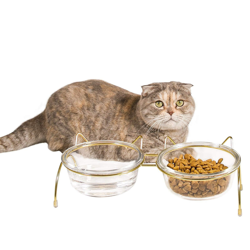 Qucey Cat Food and Water Bowls Set, Raised Cat Bowls for Food and Water, Elevated Pet Glass Bowls with Stand, 17 oz Cats and Dogs Bowl, Anti Vomiting, Dishwasher Safe Double bowl - PawsPlanet Australia