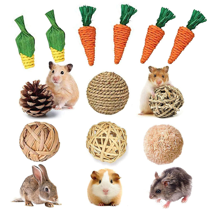 12Pcs Rabbit Toys Bunny Chew Toys Guinea Pigs Small Animals Teeth Toy Natural Grass Rattan Carrot Corn Sticks Pet Toy Set for Rabbits Hamster Gerbils Squirrels Chewing Improve Dental Health - PawsPlanet Australia