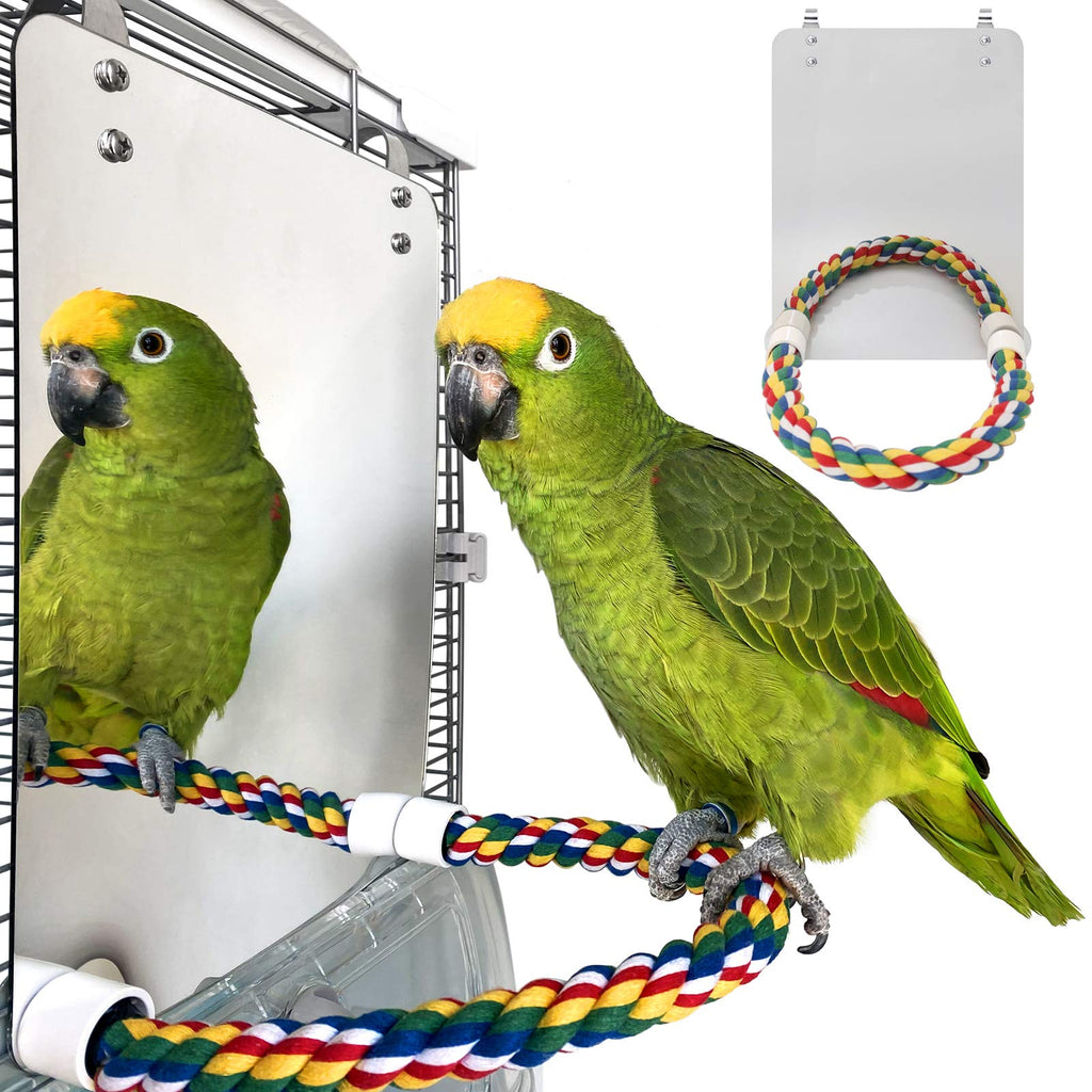 BWOGUE 7 Inch Bird Mirror with Rope Perch Cockatiel Mirror for Cage Bird Toys Swing Parrot Cage Toys for Parakeet Cockatoo Cockatiel Conure Lovebirds Finch Canaries Large(10.6 * 7.87) - PawsPlanet Australia