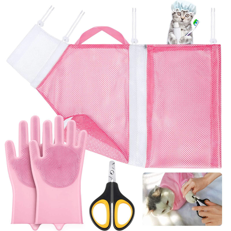 4 Pieces Cat Bathing Bag Set Cat Grooming Shower Pet Net Bag with Grooming Gloves Pet Nail Clippers for Cats Dogs Bathing Nail Trimming Cleaning Tools - PawsPlanet Australia