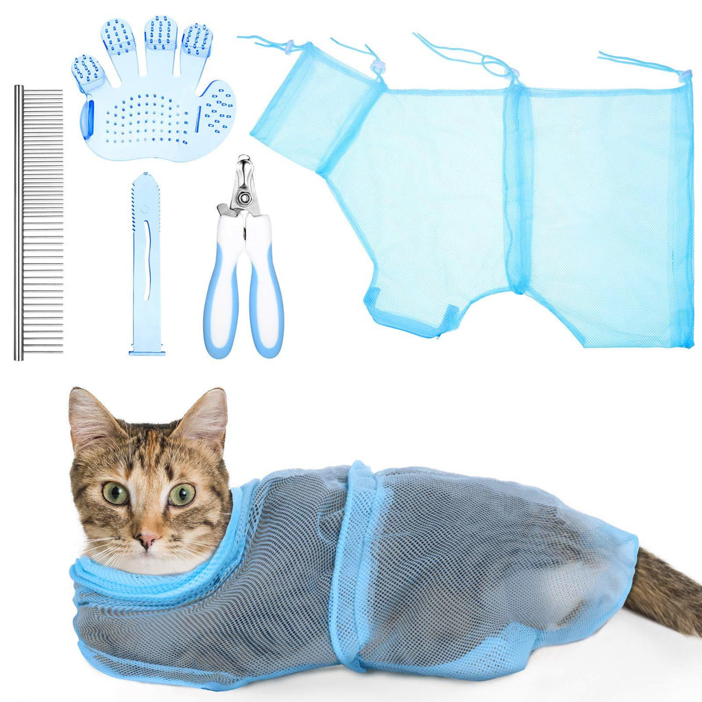Honeydak 4 Pieces Cat Shower Set, Cat Bathing Bag, Pet Nail Clipper, Round Ended Pet Comb, Massage Brush, Puppy Dog Cleaning Shower Bag, Anti-Bite, Anti-Scratch for Bathing Nail Trimming Blue - PawsPlanet Australia