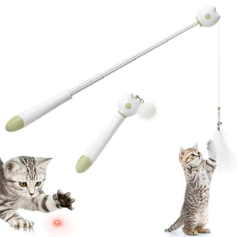 Cat Toys for Indoor Cats Interactive Cat Feather Wand 1pcs Retractable Cat Wand Toy with Projection & 2pcs Natural Feather Teaser Replacements (Green) - PawsPlanet Australia