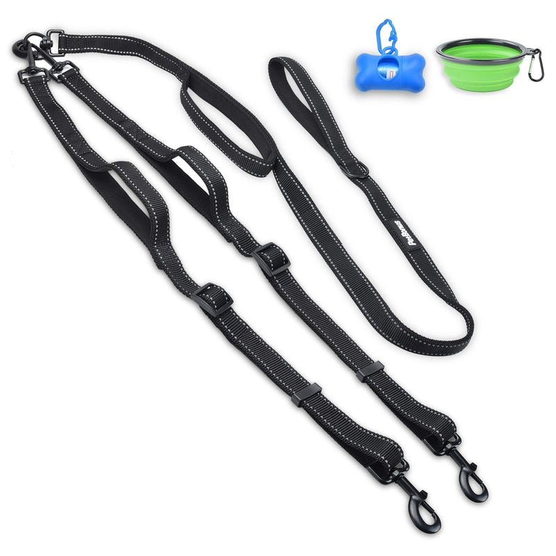 PetBonus Double Dog Leash, No Tangle Dual Dog Leash, Reflective Walking Training Leash, 4 Comfortable Padded Handles for 2 Dogs with Collapsible Bowl and Waste Bags Dispenser Black For Large Breed - PawsPlanet Australia