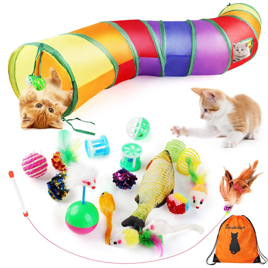 Dorakitten Cat Toys Kitten Toy Tunnel - 20PCS Indoor Interactive Toy Includes - Rainbow Tunnel Feather Teaser Fluffy Mouse Crinkle Balls Spring Toy Catnip Fish for Cats | Kitty - PawsPlanet Australia