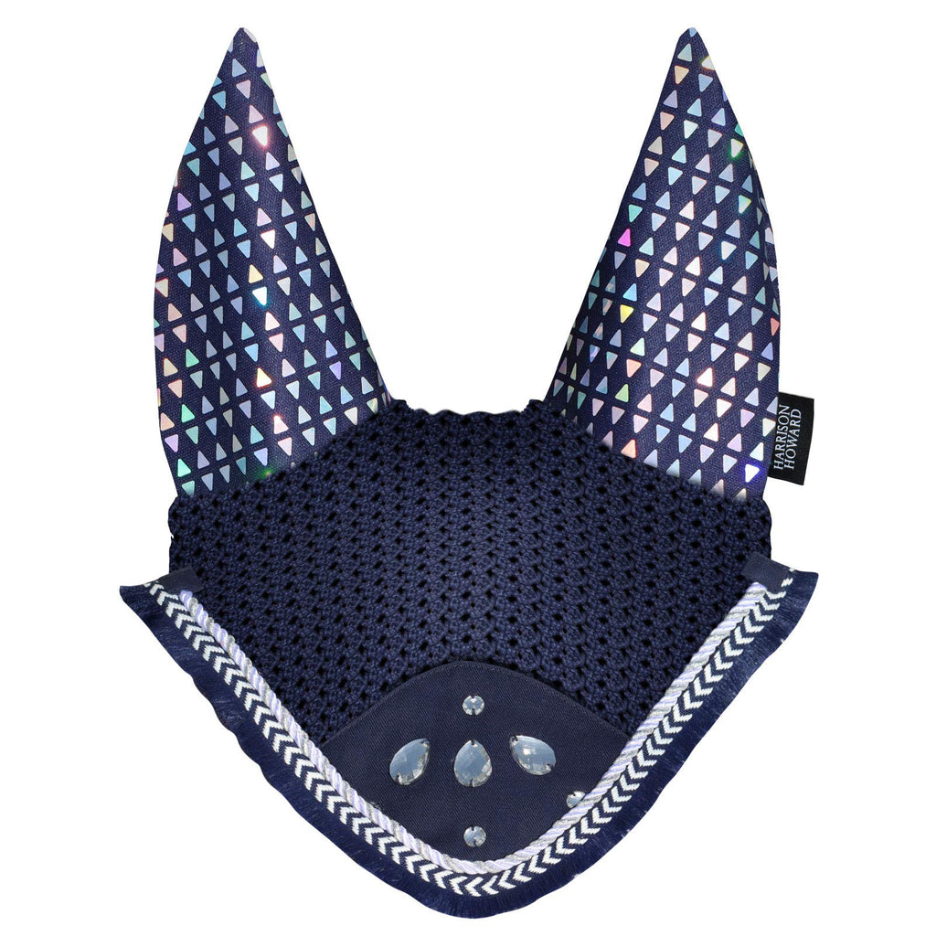 Harrison Howard Luxe Combo Fly Veil with Glittering Ears Full (Large) Navy with White Gemstone & Tassel Edging - PawsPlanet Australia