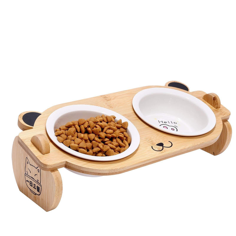 LordCom Bamboo Wood Detachable 15° Slanted Ceramic Cat Puppy Bowl,Protect The Cervical Spine,Cat Bowl with Hello Emoticon,2021 Upgraded… - PawsPlanet Australia