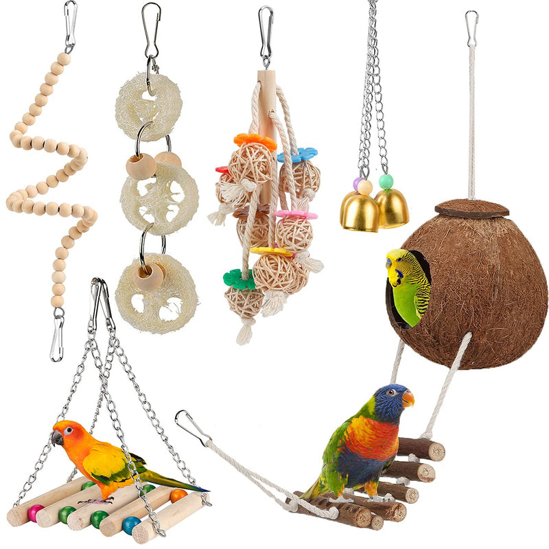Bird Parakeet Toy Bird Cage Hammock Bird Perch Natural Coconut Hideaway with Ladder Swing Chewing Hanging Bell Toy with Mirror for Parrots,Parakeet,Conure,Cockatiel,Budgerigar,Love Birds,Mynah,Finches - PawsPlanet Australia