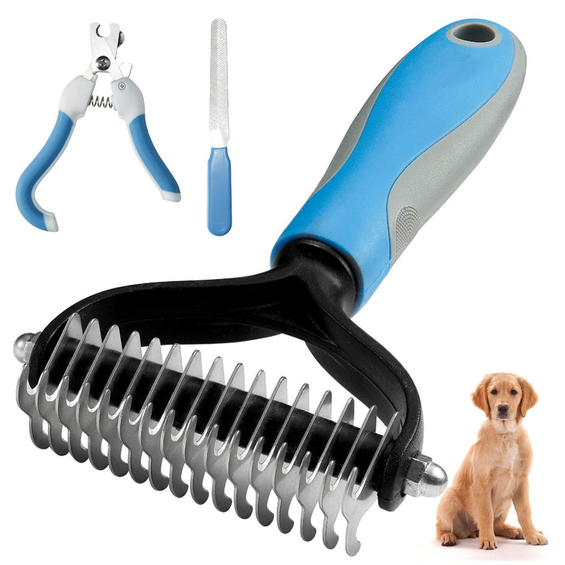 Tetragonal tree Pet Grooming Tool - 2 Sided Undercoat Rake for Dogs & Cats. Easy to Remove Loose Dematting, Tangles and Mats, Reduces Shedding by up to 95%, Blue - PawsPlanet Australia