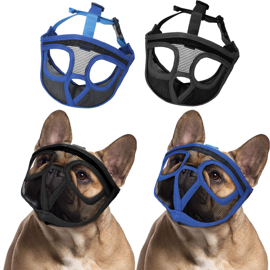 Weewooday 2 Pieces Short Snout Dog Muzzle Mesh Mask Adjustable Breathable Mesh Bulldog Muzzle Barking Biting Chewing Training for Small Medium Large Dog S Black, Royal Blue - PawsPlanet Australia