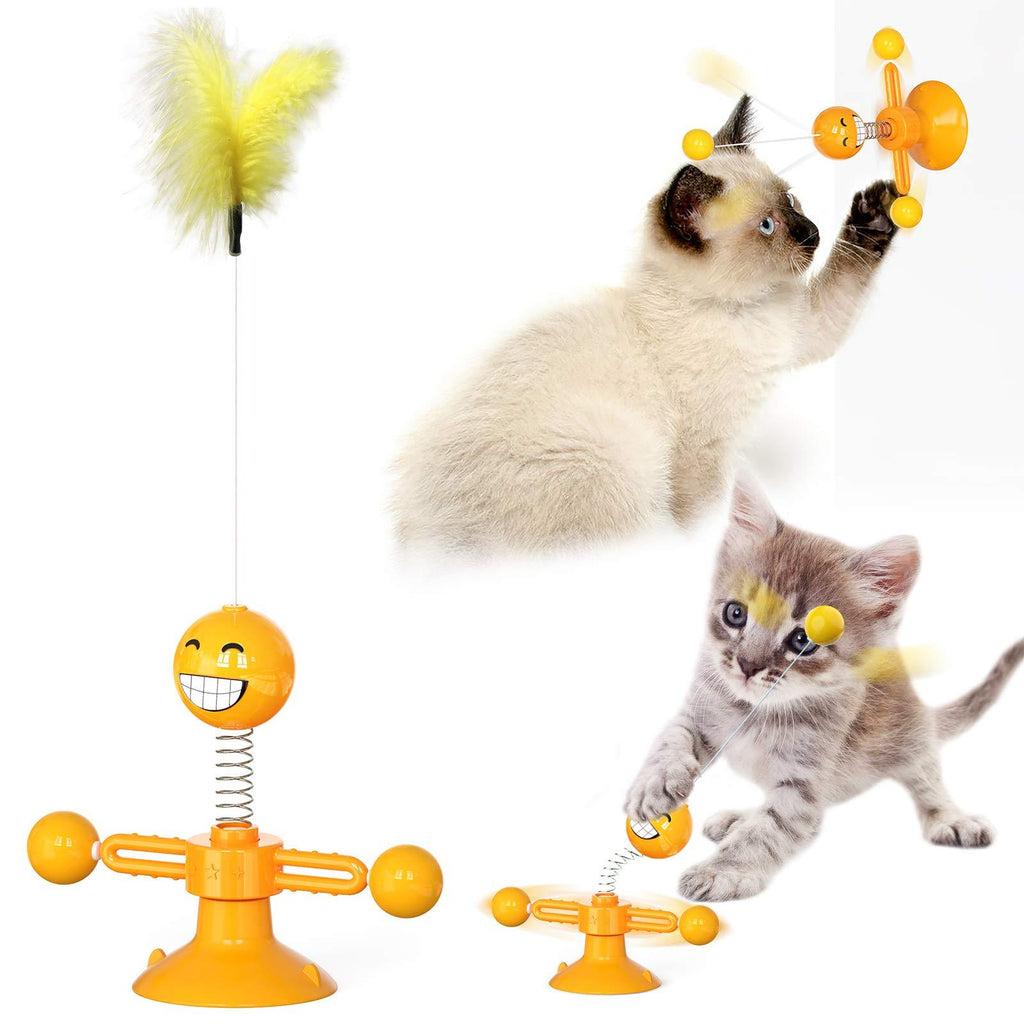 YINOR Rotating Windmill Interactive Cat Toy,with Cat Toys Wand & Suction Cup,Interactive Feather Cat Toys for Kitten,Playing Indoor & Outdoor. Orange - PawsPlanet Australia