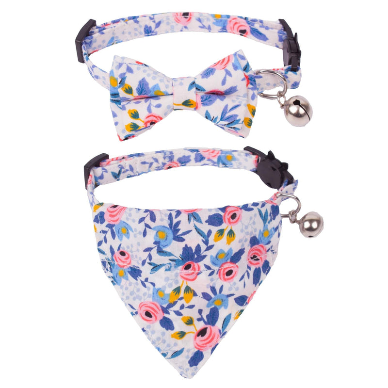 PTDECOR Bow Tie Cat Collar Bandana - 2 Pack Floral Cat Kitten Collar with Bowtie and Bandana Adjustable Cat Bow Tie Collar with Bell for Cat Puppy Blue - PawsPlanet Australia