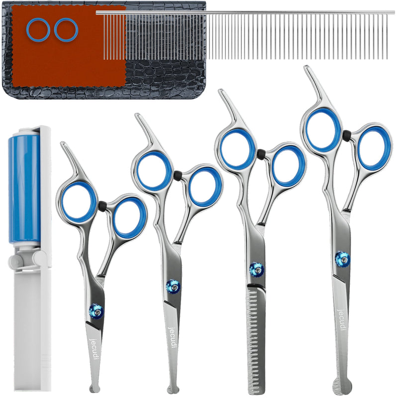 Jecudi Dog Grooming Scissors With Safety Round Tips, 7 In 1 Pet Grooming Scissors Set, Pet Cutting Scissors Kit With Thinning, Straight, Curved Shears & Comb, Lint roller, For Long Or Short Hair Blue - PawsPlanet Australia